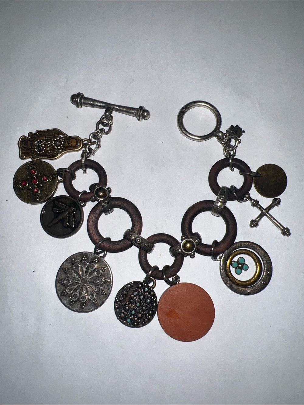 Lucky Brand Mixed Metal and wood Charm Bracelet — Brown, Silver, Bronze Accents
